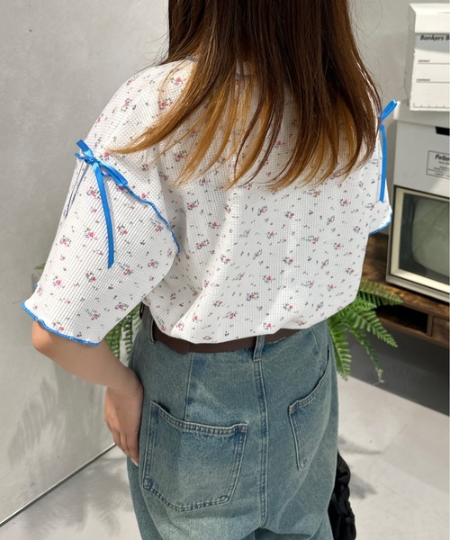 kutir（クティール）の「小花柄ワッフルリボンTシャツ/サーマルTシャツ（Tシャツ/カットソー・レディース・ホワイト/ブラック/アイボリー/ネイビー/オフホワイト・FREE）」の8枚目の写真