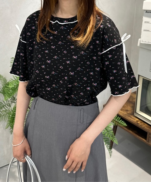 kutir（クティール）の「小花柄ワッフルリボンTシャツ/サーマルTシャツ（Tシャツ/カットソー・レディース・ホワイト/ブラック/アイボリー/ネイビー/オフホワイト・FREE）」の18枚目の写真