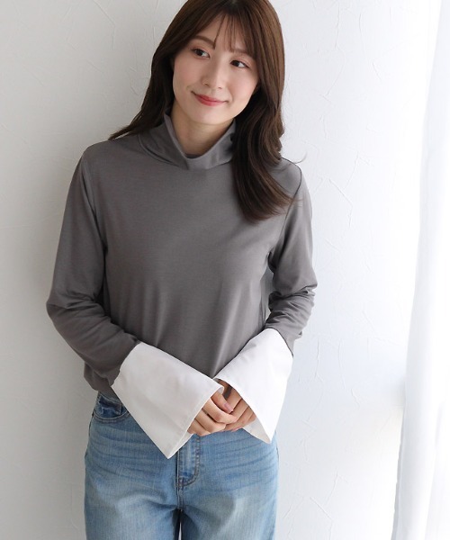 Pierrot(ピエロ)の「【静電気防止】パールカフス/タートルネックドッキングカットソー(Tシャツ/カットソー・レディース・ブラック系その他/ホワイト系その他/その他/グレー系その他・M/L)」の3枚目の写真