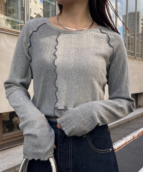 CIAOPANIC TYPY(チャオパニックティピー)の「針抜きテレコメロウ切替トップス(Tシャツ/カットソー・レディース・グレー/アイボリー/ブラック・ONE SIZE)」の3枚目の写真