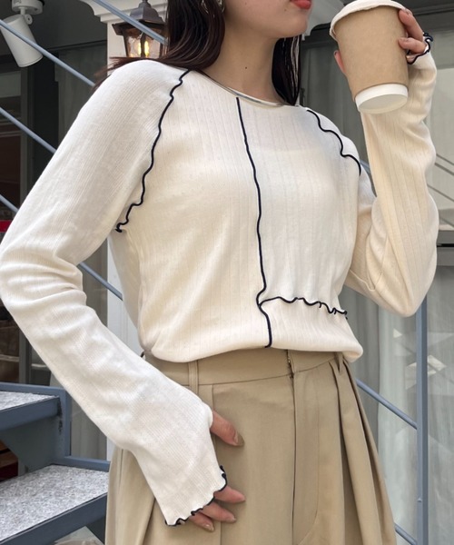 CIAOPANIC TYPY(チャオパニックティピー)の「針抜きテレコメロウ切替トップス(Tシャツ/カットソー・レディース・グレー/アイボリー/ブラック・ONE SIZE)」の2枚目の写真