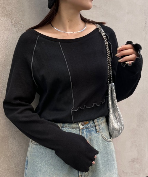 CIAOPANIC TYPY(チャオパニックティピー)の「針抜きテレコメロウ切替トップス(Tシャツ/カットソー・レディース・グレー/アイボリー/ブラック・ONE SIZE)」の1枚目の写真