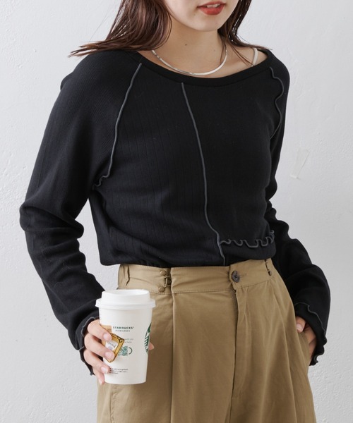 CIAOPANIC TYPY(チャオパニックティピー)の「針抜きテレコメロウ切替トップス(Tシャツ/カットソー・レディース・グレー/アイボリー/ブラック・ONE SIZE)」の12枚目の写真