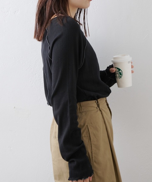 CIAOPANIC TYPY(チャオパニックティピー)の「針抜きテレコメロウ切替トップス(Tシャツ/カットソー・レディース・グレー/アイボリー/ブラック・ONE SIZE)」の15枚目の写真