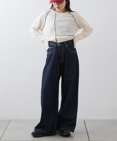 CIAOPANIC TYPY(チャオパニックティピー)の「針抜きテレコメロウ切替トップス(Tシャツ/カットソー・レディース・グレー/アイボリー/ブラック・ONE SIZE)」の8枚目の写真