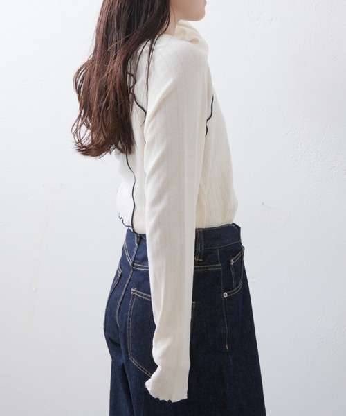 CIAOPANIC TYPY(チャオパニックティピー)の「針抜きテレコメロウ切替トップス(Tシャツ/カットソー・レディース・グレー/アイボリー/ブラック・ONE SIZE)」の7枚目の写真