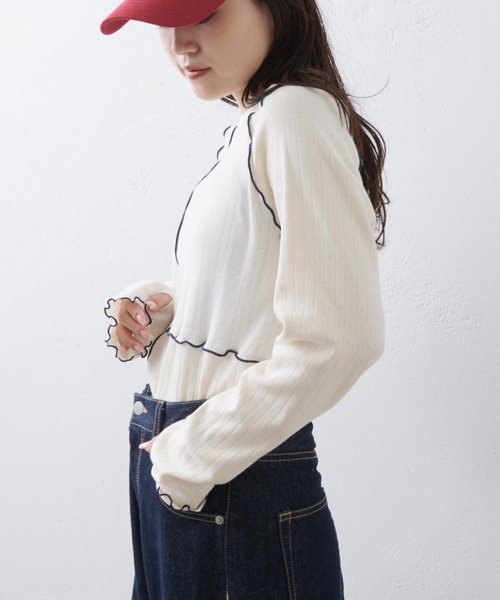 CIAOPANIC TYPY(チャオパニックティピー)の「針抜きテレコメロウ切替トップス(Tシャツ/カットソー・レディース・グレー/アイボリー/ブラック・ONE SIZE)」の5枚目の写真