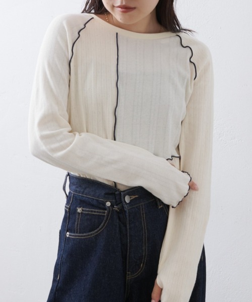 CIAOPANIC TYPY(チャオパニックティピー)の「針抜きテレコメロウ切替トップス(Tシャツ/カットソー・レディース・グレー/アイボリー/ブラック・ONE SIZE)」の4枚目の写真