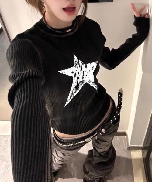 lilful(リルフル)の「スターモチーフリブロンT(ニット/セーター・レディース・ブラック・L/M)」の1枚目の写真