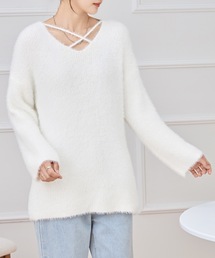 クロス Vネック シャギー ニット プルオーバー