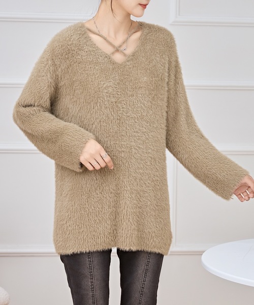 Lace Ladies(レースレディース)の「クロス Vネック シャギー ニット プルオーバー(ニット/セーター・レディース・ホワイト/グレイッシュベージュ/ブラック・FREE)」の9枚目の写真