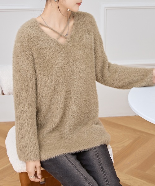 セール】クロス Vネック シャギー ニット プルオーバー（ニット