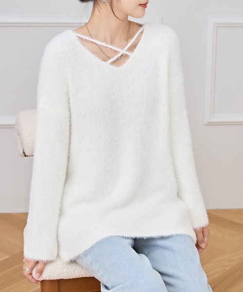 クロス Vネック シャギー ニット プルオーバー（ニット/セーター