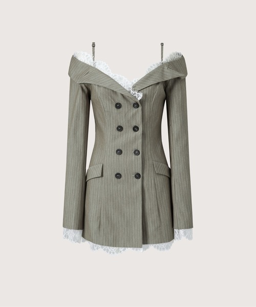LA POMME petit(ラポミ・プチ)の「オープンショルダーレースブレザードレス Open Shoulder Lace Blazer Dress(ワンピース・レディース・グレー/モスグリーン・SMALL/MEDIUM/LARGE)」の2枚目の写真