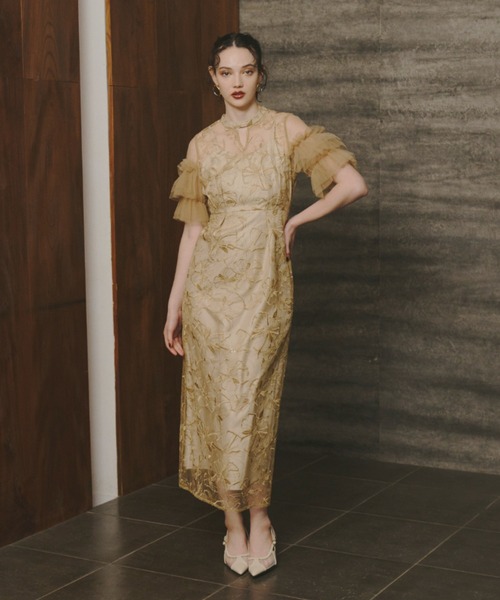 ANDRESD key neck embroidery dressイエロー S ANDRESD key neck embroidery dressイエロー S key neck