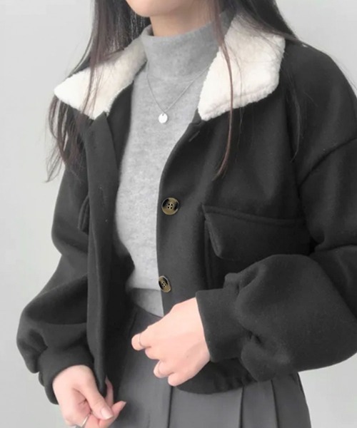 もこもこカラージャケット ボアカラー コート ショート丈（チェスター