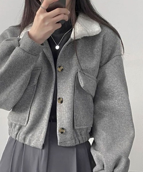 もこもこカラージャケット ボアカラー コート ショート丈（チェスター