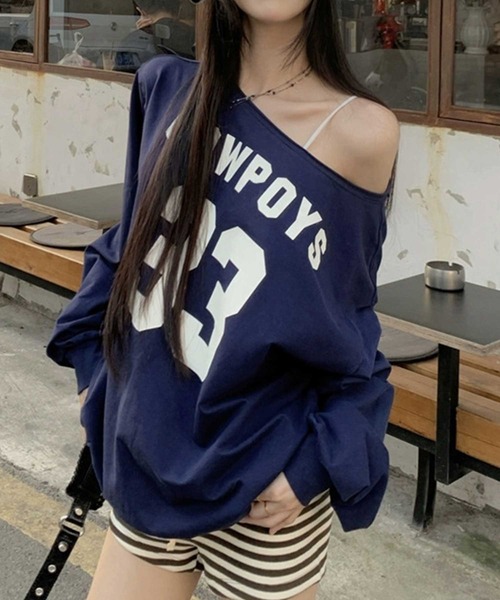 SPIGA(スピーガ)の「オフショルロゴプリントビッグTシャツ(Tシャツ/カットソー・レディース・ネイビー/グレー・FREE)」の13枚目の写真
