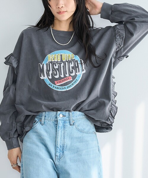 coen(コーエン)の「フハク ドッキング フリル袖 ロングスリーブTシャツ(Tシャツ/カットソー・レディース・ナチュラル/オフホワイト/ダークグレー・M/L)」の2枚目の写真