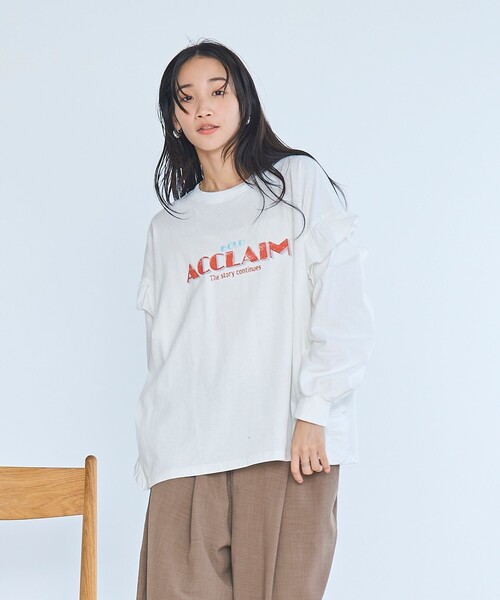 coen(コーエン)の「フハク ドッキング フリル袖 ロングスリーブTシャツ(Tシャツ/カットソー・レディース・ナチュラル/オフホワイト/ダークグレー・M/L)」の4枚目の写真