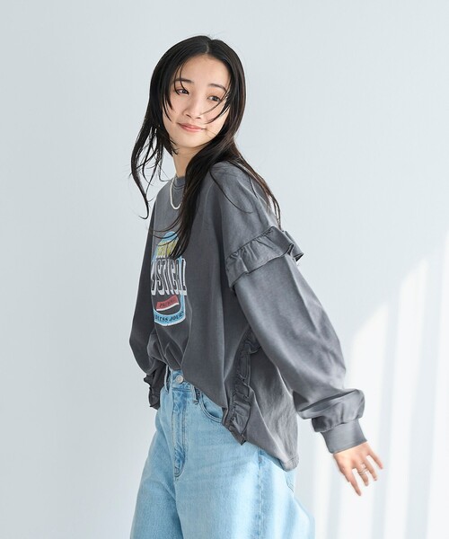 coen(コーエン)の「フハク ドッキング フリル袖 ロングスリーブTシャツ(Tシャツ/カットソー・レディース・ナチュラル/オフホワイト/ダークグレー・M/L)」の12枚目の写真