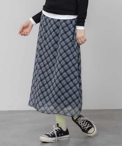 HEILIS(ヘイリス)の「【新色追加】シアーシフォンチェックスカート/ 秋服 フレアスカート チェック柄 ブラック グレー 韓国 ガーリー ミディ丈 シフォン シアー ウエストゴム スポーツミックス ブロケットコア バレエコア(スカート・レディース・ブラック/グレー/ブラウン・FREE)」の2枚目の写真