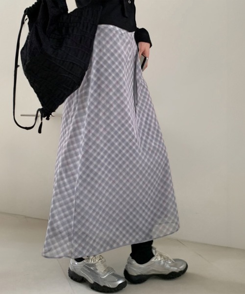 HEILIS(ヘイリス)の「【新色追加】シアーシフォンチェックスカート/ 秋服 フレアスカート チェック柄 ブラック グレー 韓国 ガーリー ミディ丈 シフォン シアー ウエストゴム スポーツミックス ブロケットコア バレエコア(スカート・レディース・ブラック/グレー/ブラウン・FREE)」の8枚目の写真