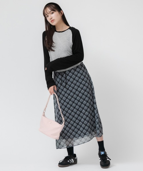 HEILIS(ヘイリス)の「【新色追加】シアーシフォンチェックスカート/ 秋服 フレアスカート チェック柄 ブラック グレー 韓国 ガーリー ミディ丈 シフォン シアー ウエストゴム スポーツミックス ブロケットコア バレエコア(スカート・レディース・ブラック/グレー/ブラウン・FREE)」の9枚目の写真
