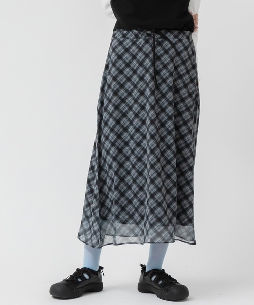 HEILIS(ヘイリス)の「【新色追加】シアーシフォンチェックスカート/ 秋服 フレアスカート チェック柄 ブラック グレー 韓国 ガーリー ミディ丈 シフォン シアー ウエストゴム スポーツミックス ブロケットコア バレエコア(スカート・レディース・ブラック/グレー/ブラウン・FREE)」の13枚目の写真