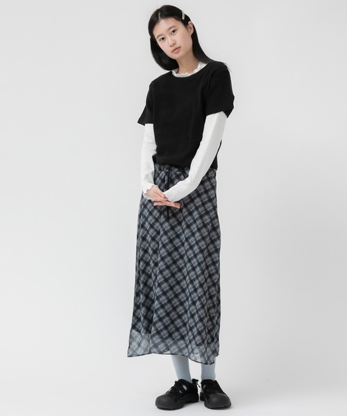 HEILIS(ヘイリス)の「【新色追加】シアーシフォンチェックスカート/ 秋服 フレアスカート チェック柄 ブラック グレー 韓国 ガーリー ミディ丈 シフォン シアー ウエストゴム スポーツミックス ブロケットコア バレエコア(スカート・レディース・ブラック/グレー/ブラウン・FREE)」の14枚目の写真