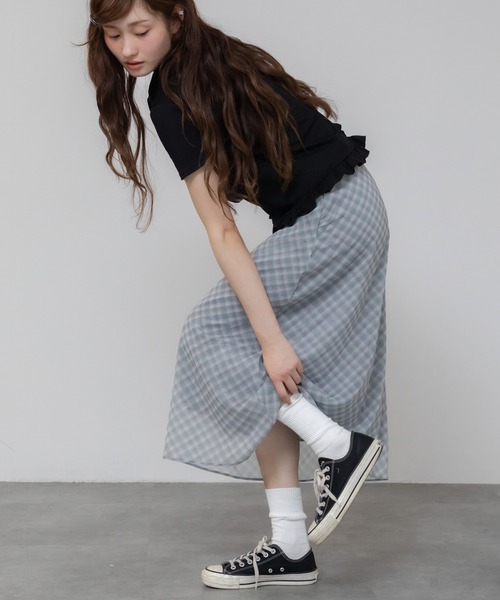HEILIS(ヘイリス)の「【新色追加】シアーシフォンチェックスカート/ 秋服 フレアスカート チェック柄 ブラック グレー 韓国 ガーリー ミディ丈 シフォン シアー ウエストゴム スポーツミックス ブロケットコア バレエコア(スカート・レディース・ブラック/グレー/ブラウン・FREE)」の20枚目の写真