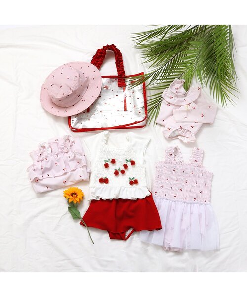 apres les cours（アプレレクール）の「【UVカット/ジュニア対応】リボン・さくらんぼモチーフシャーリングセパレート水着（水着・キッズ・レッド/チェック・80/90/100/110/120/130/140）」の5枚目の写真