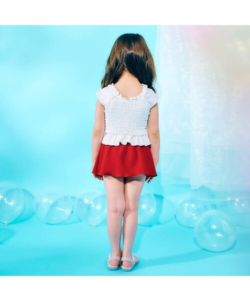 apres les cours（アプレレクール）の「【UVカット/ジュニア対応】リボン・さくらんぼモチーフシャーリングセパレート水着（水着・キッズ・レッド/チェック・80/90/100/110/120/130/140）」の7枚目の写真