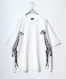 Ponte fabric Cat&Giraffe Print T-Shirt/ポンチ ネコ キリン アニマル プリント Tシャツ 半袖 メンズ レディース