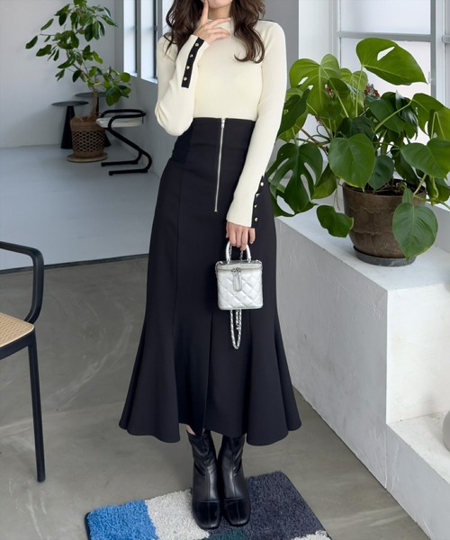 CLEAR BASIC（クリアベーシック）の「袖配色ボタンリブニットトップス[綺麗目 オフィスカジュアル 着回し抜群 大人]≪再入荷≫（ニット/セーター・レディース・グレー/ミント/ブラック/アイボリー・F）」の5枚目の写真