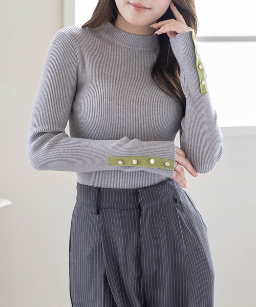 セール】《再入荷》袖配色ボタンリブニットトップス[綺麗目 オフィス セール】《再入荷》袖配色ボタンリブニットトップス[綺麗目 オフィス