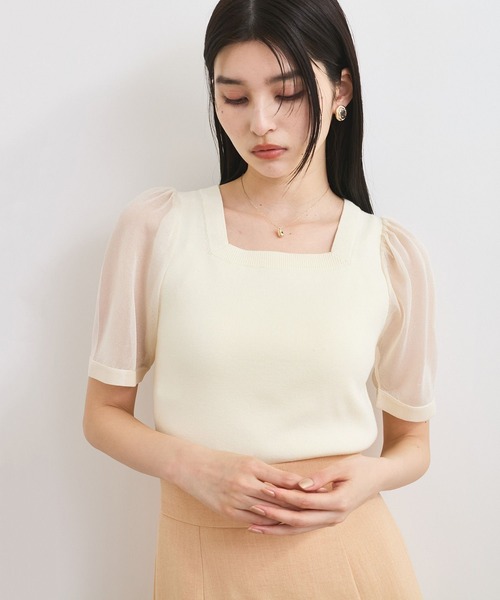 VIS（ビス）の「【洗える】スクエアネックシアーハーフスリーブニット（ニット/セーター・レディース・オフホワイト/チャコールグレー/ピンク・FREE）」の2枚目の写真