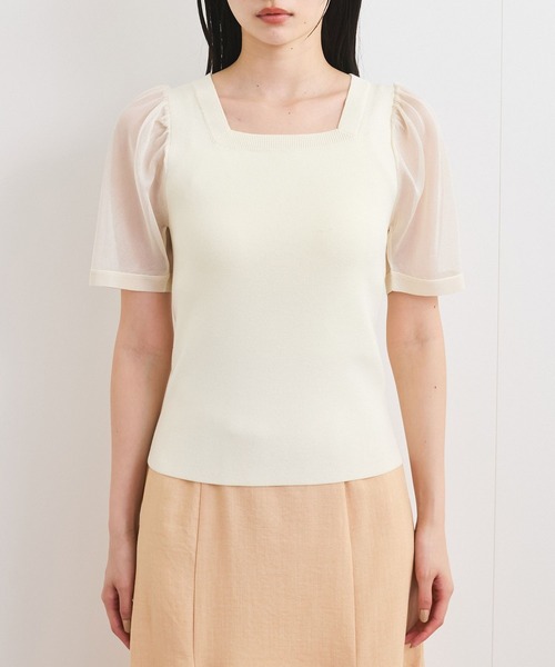 VIS（ビス）の「【洗える】スクエアネックシアーハーフスリーブニット（ニット/セーター・レディース・オフホワイト/チャコールグレー/ピンク・FREE）」の5枚目の写真