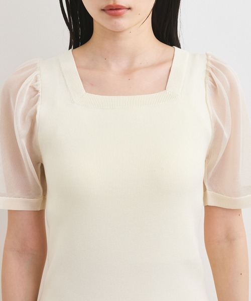 VIS（ビス）の「【洗える】スクエアネックシアーハーフスリーブニット（ニット/セーター・レディース・オフホワイト/チャコールグレー/ピンク・FREE）」の6枚目の写真