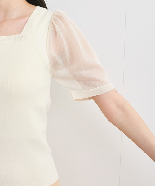 VIS（ビス）の「【洗える】スクエアネックシアーハーフスリーブニット（ニット/セーター・レディース・オフホワイト/チャコールグレー/ピンク・FREE）」の7枚目の写真