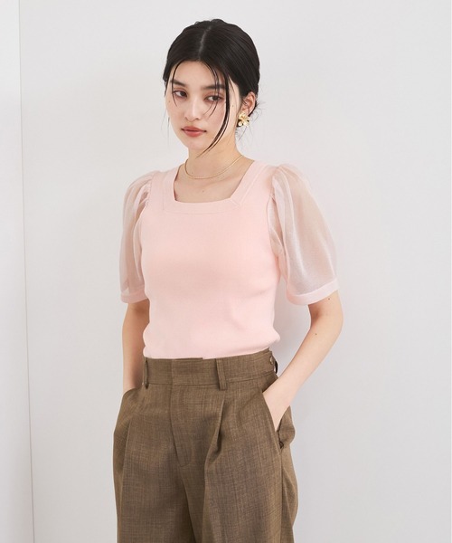 VIS（ビス）の「【洗える】スクエアネックシアーハーフスリーブニット（ニット/セーター・レディース・オフホワイト/チャコールグレー/ピンク・FREE）」の13枚目の写真