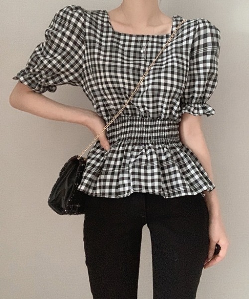 fitmore♡スクエアネックチェックチュニック（イエロー） スクエアネックチェックトップス【宅配便】 | Fit more