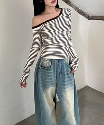 ワンショルダー ボーダー 長袖 クロップド Tシャツ