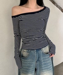 ワンショルダー ボーダー 長袖 クロップド Tシャツ