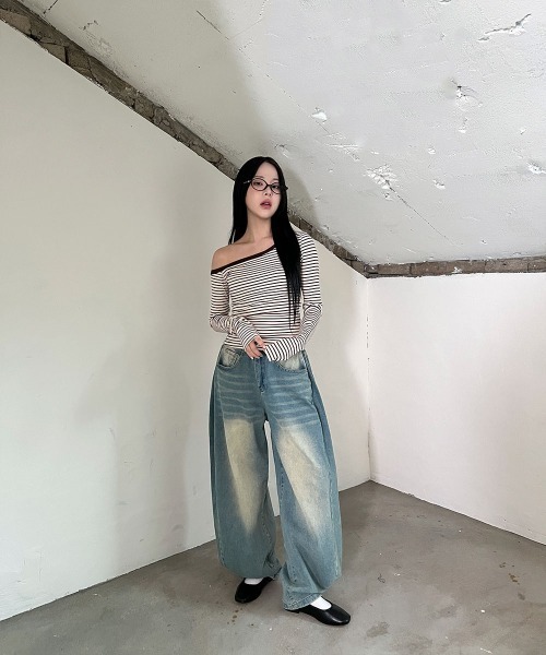 セール】ワンショルダー ボーダー 長袖 クロップド Tシャツ（Tシャツ