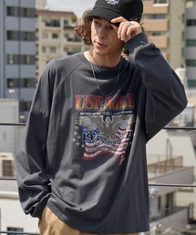 ヴィンテージライクロックデザイン オーバーサイズラグラン長袖Tシャツ