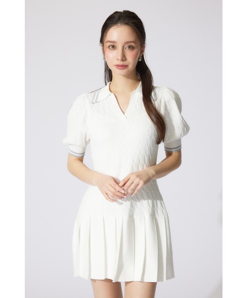sandro ホワイト 半袖 プリーツワンピース セール】ポロデザインニットワンピース 半袖 夏服 サマーニット