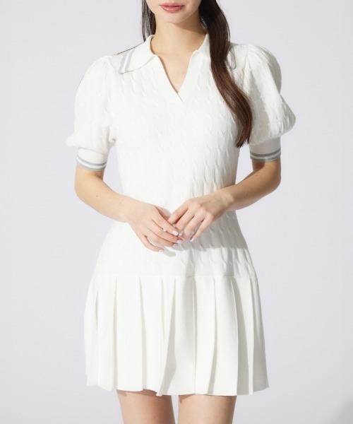 RED VALENTINO サマーニットワンピース 半袖 膝丈 リボン 白 M セール】ポロデザインニットワンピース 半袖 夏服 サマーニット