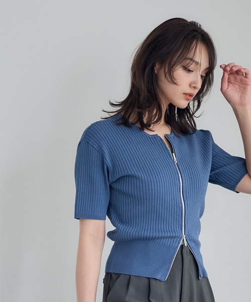 12Twelve Agenda(トゥエルブ アジェンダ)の「ダブルZIPワイドリブ5分袖ニットプルオーバー(ニット/セーター・レディース・オフホワイト/チャコールグレー/ブルー・M)」の8枚目の写真