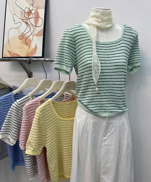 BANICO(バニコ)の「ボーダー柄半袖ニットトップス (SS)(Tシャツ/カットソー・レディース・ブルー/ホワイト/グリーン/イエロー・FREE)」の20枚目の写真